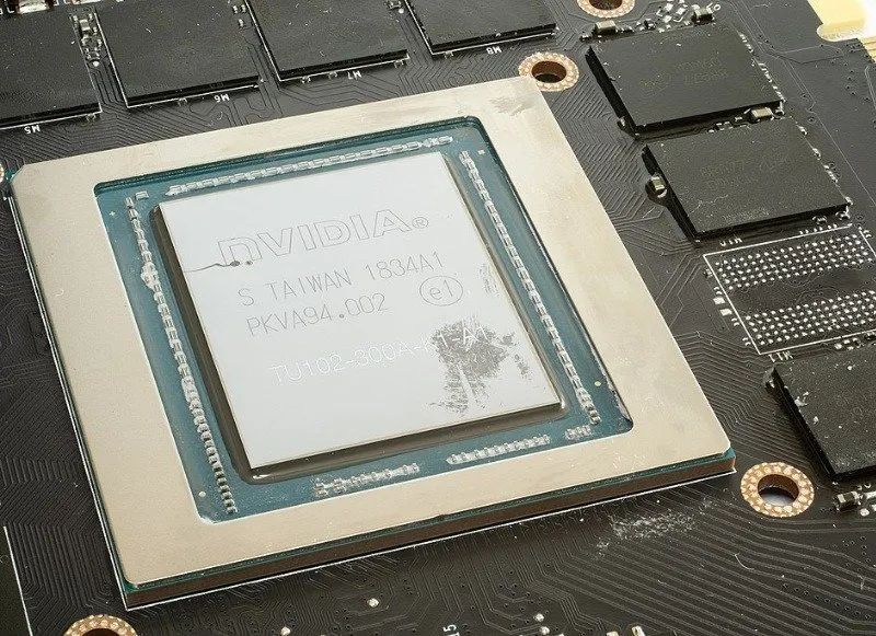 Close-up de um chip GPU Nvidia