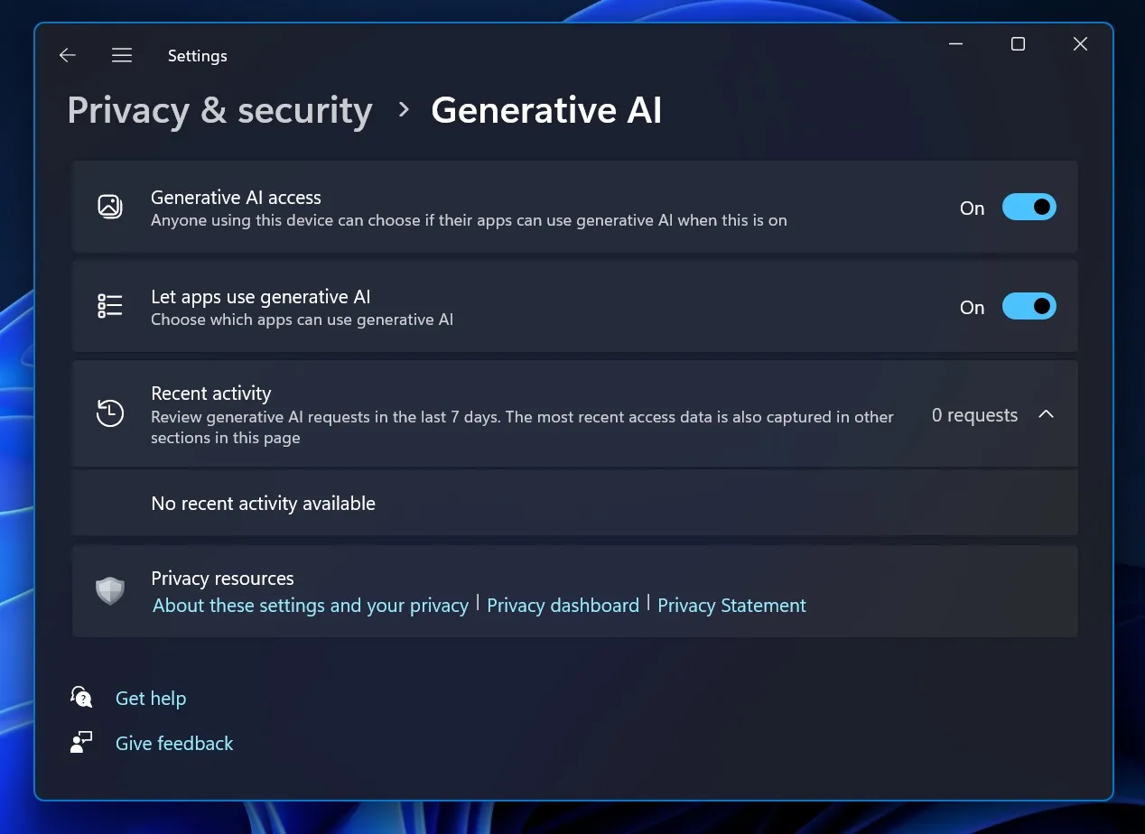 novas configurações de privacidade de IA generativa no Windows 11 Canary