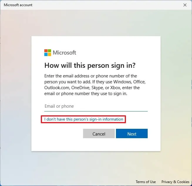Salta l'opzione dell'account Microsoft