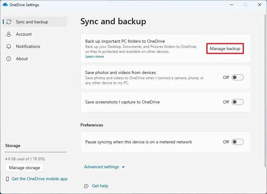OneDrive-Backup verwalten