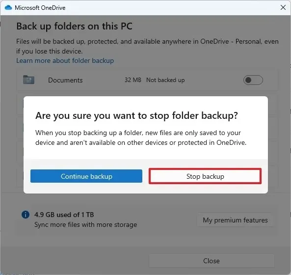 OneDrive stop back-up