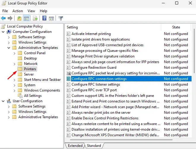 Open Configure RPC connection settings Policy