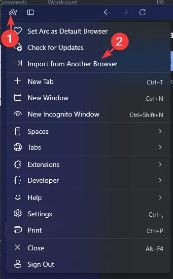 Importar desde otro navegador - Importar marcadores del navegador Arc
