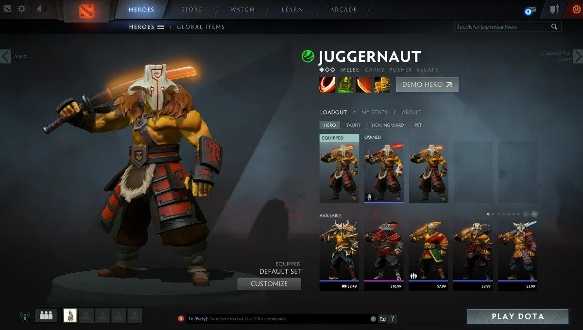Captura de pantalla de Dota 2 que muestra la pantalla del personaje de Juggernaut
