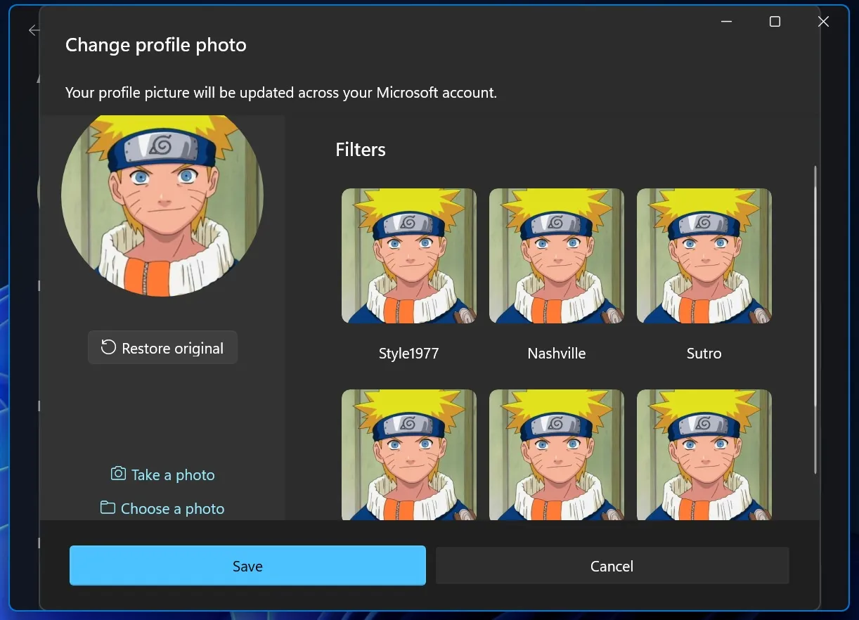 filtros de imagem de perfil nas configurações do Windows 11