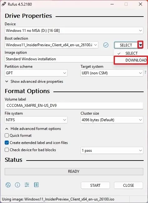 Opcja pobierania Rufus Windows 11 ISO