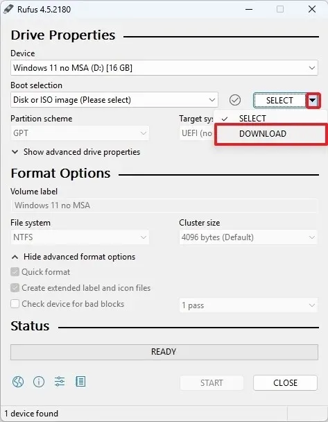 Rufus Windows 11 ISO-Download-Option