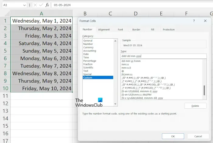 Excel에서 사용자 정의 날짜 형식을 선택하십시오.