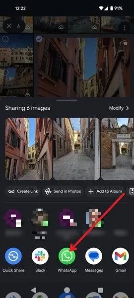 Opções de compartilhamento no aplicativo Google Fotos no Android.