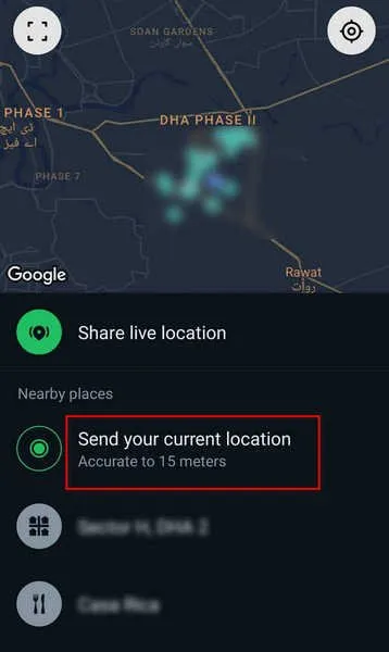 Stuur uw huidige locatie via WhatsApp