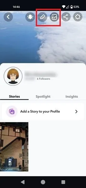 Optar por editar a capa do Perfil Privado no aplicativo Snapchat e depois editar as informações do perfil.