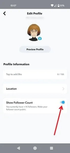 Modification des informations du profil public dans l'application Snapchat.