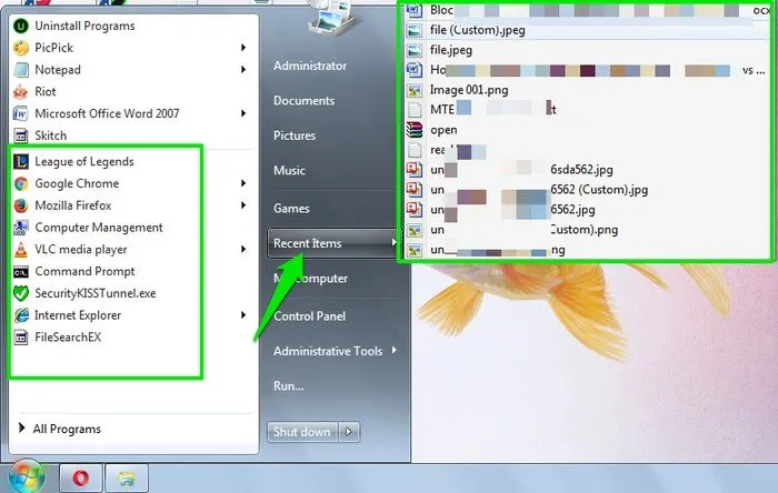 Controleer recente items in oudere versies van Windows in het startmenu.