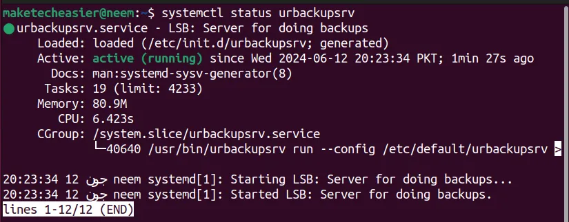 aktywny i działający status usługi serwera Urbackup