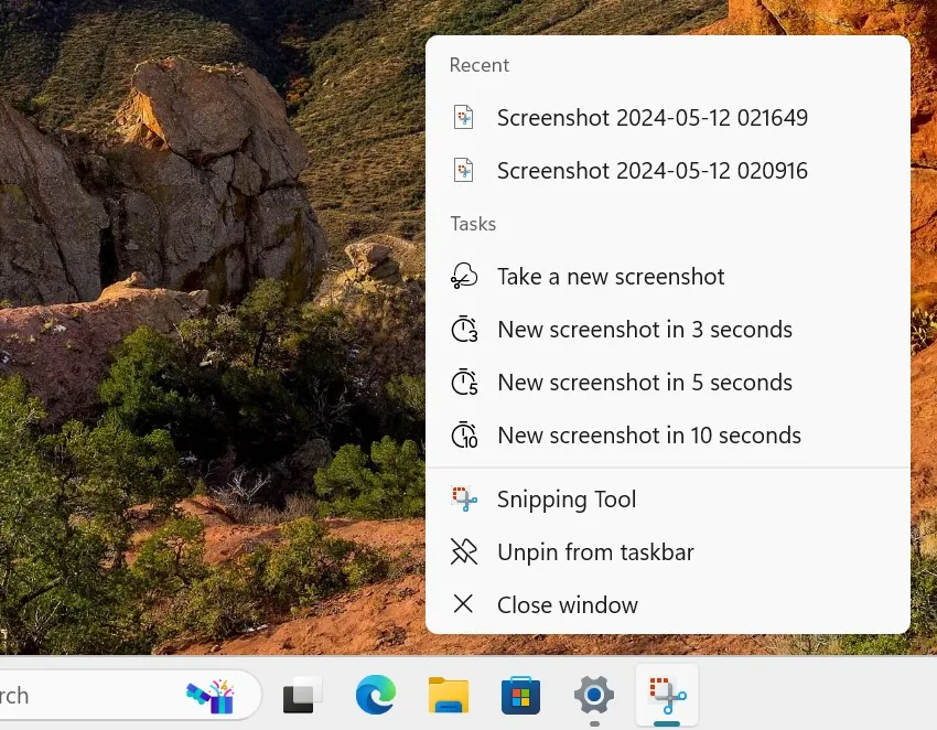 lista de atalhos da barra de tarefas para ferramenta de recorte no Windows 11