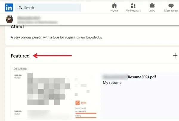 Vista de sección destacada en LinkedIn en PC que muestra el currículum cargado.