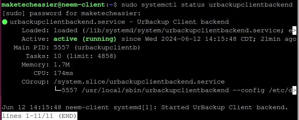 Wynik polecenia systemctl status, które pokazuje aktywny i uruchomiony stan usługi UrBackup Ubuntu Client.