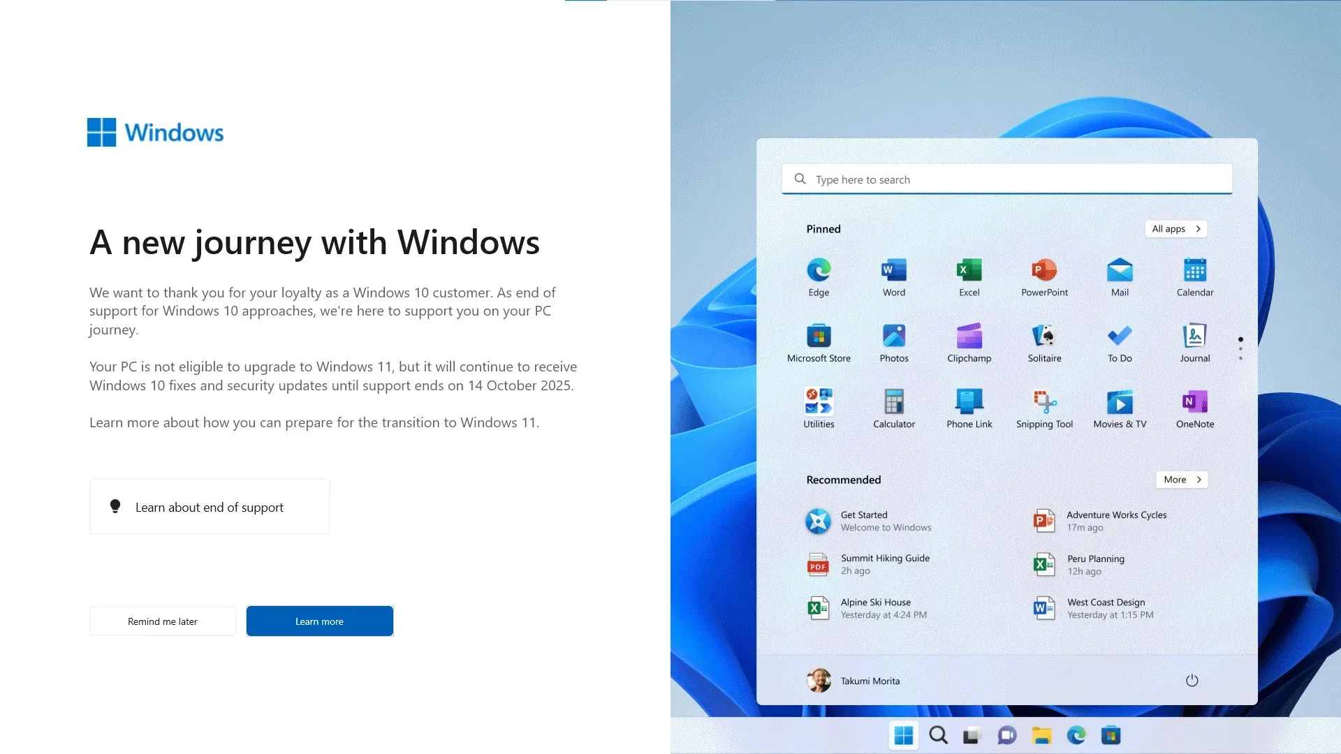 Windows 10 關於支援終止橫幅