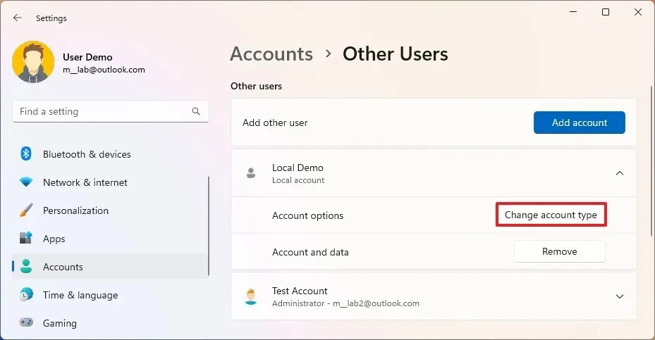 Windows 11 cambia tipo di account