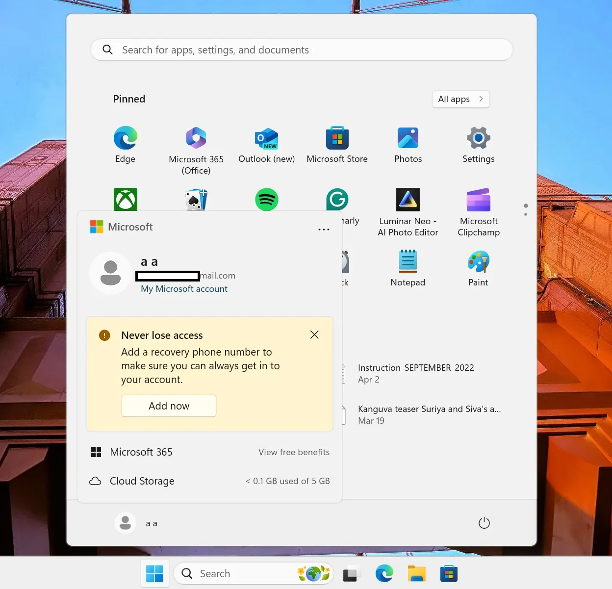 Menu Démarrer de Windows 11 avec compte Microsoft