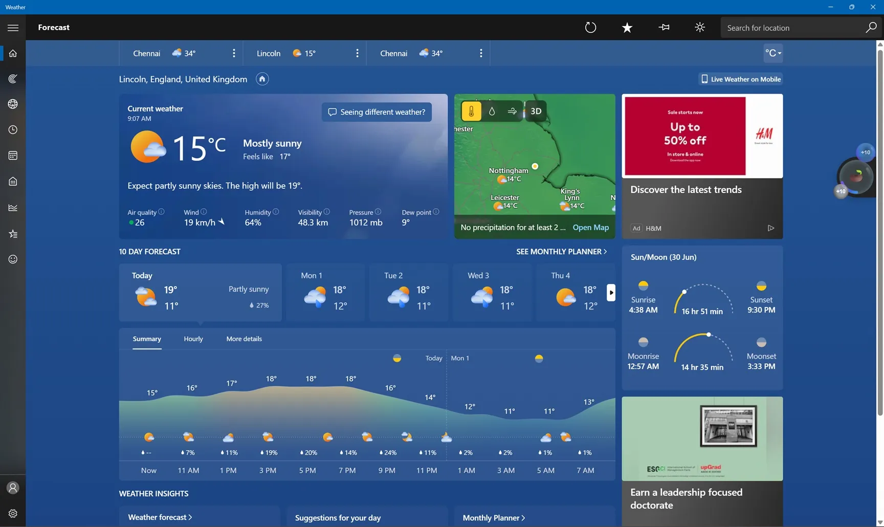 有廣告的 Windows 11 天氣應用