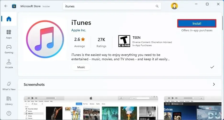 Microsoft Store instala o iTunes