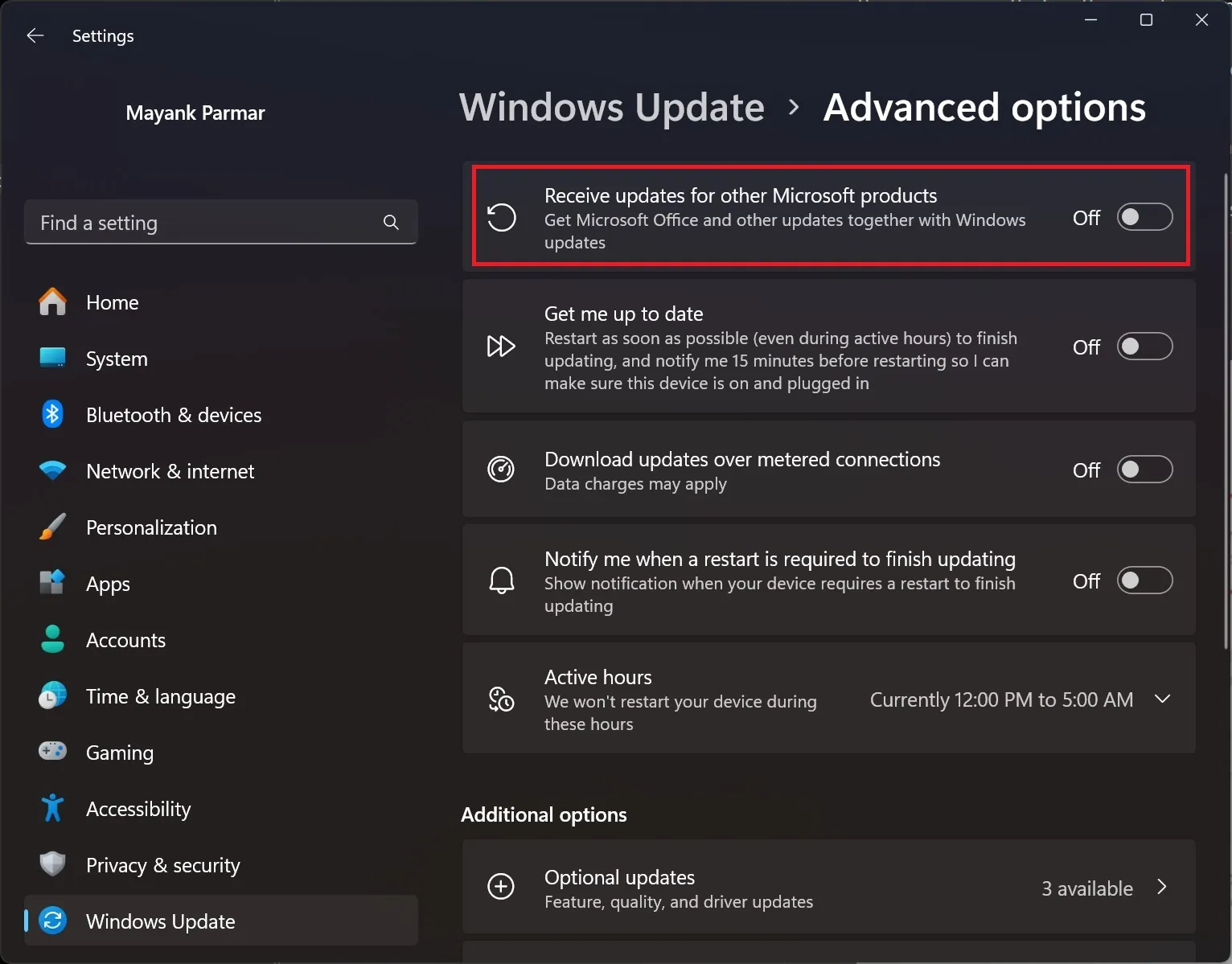 Umschalten zwischen Windows Update und anderen Produkten