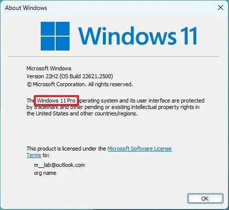 winver controlla l'edizione di Windows