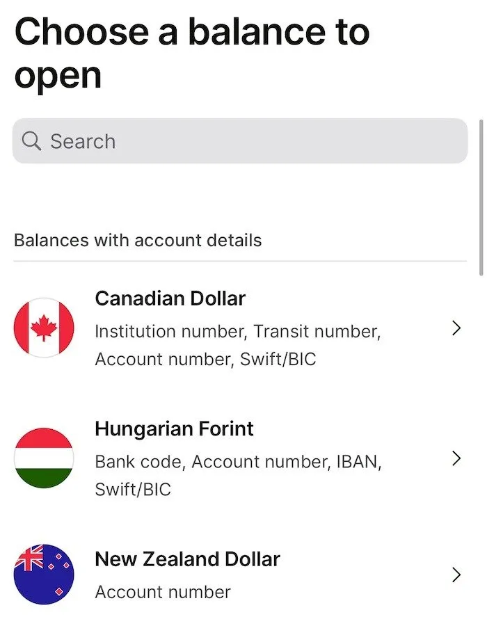 您可以在明智的應用程式中開設的貨幣帳戶列表