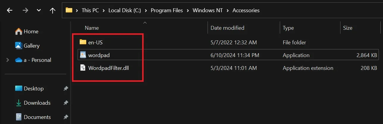 fichiers d'application de base de WordPad dans Windows 11 23h2