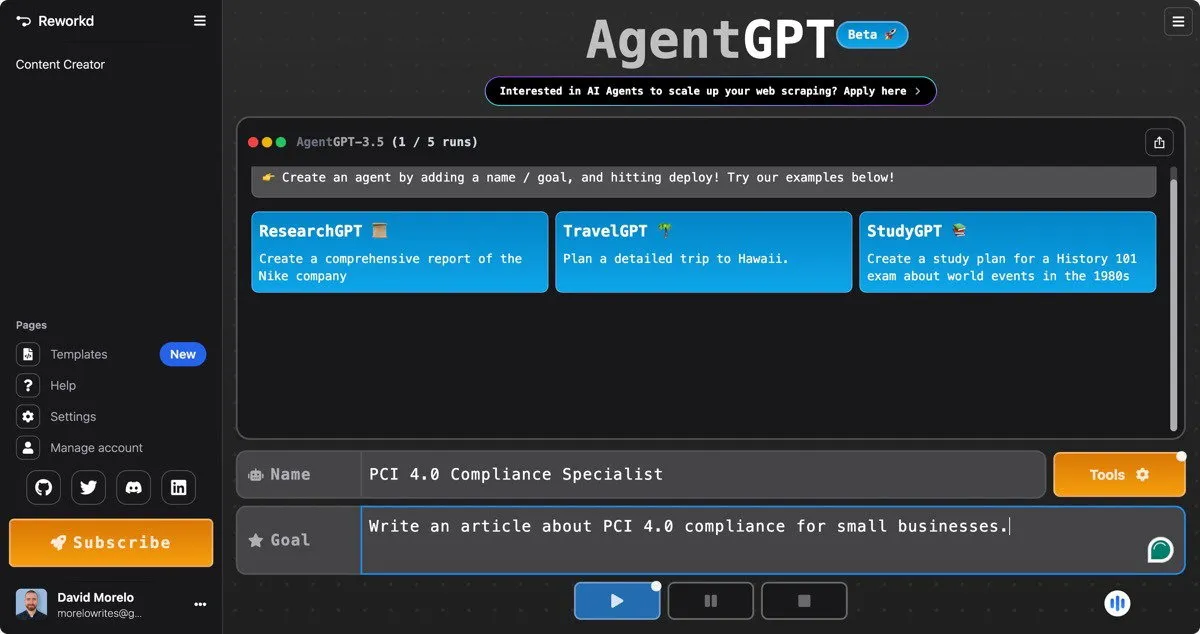 Configuración del agente Agentgpt
