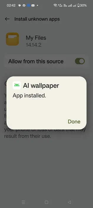 Android 14 の AI 壁紙のアプリインストールアラート。