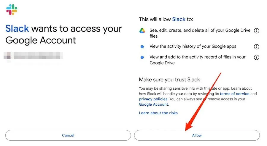 Slack-Zugriff in Google Drive zulassen