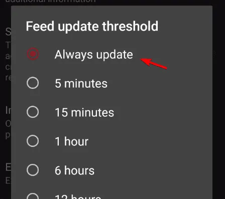 siempre actualizar el umbral de actualización del feed siempre actualizar