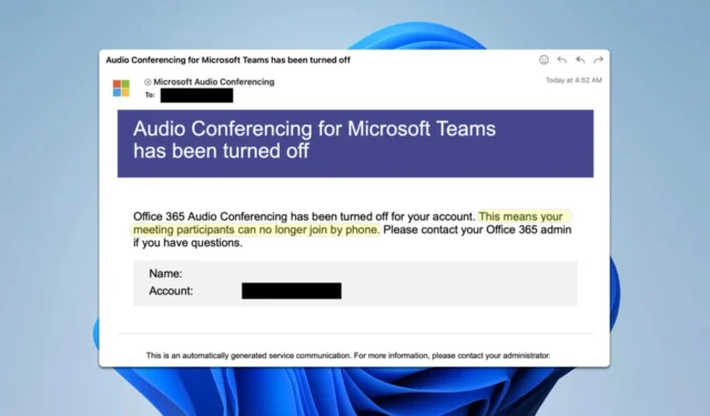 Se ha desactivado la audioconferencia para Microsoft Teams
