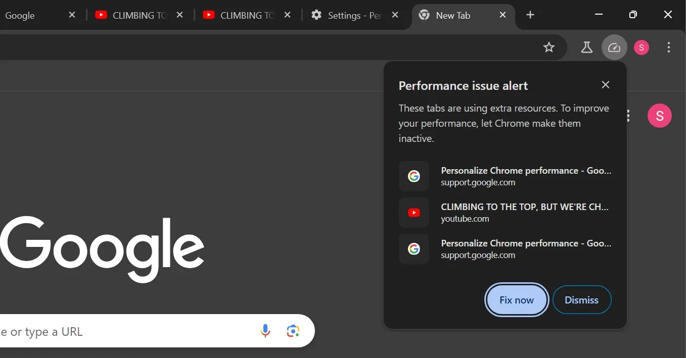 notification automatique d'alerte de problème de performances dans Chrome Canary
