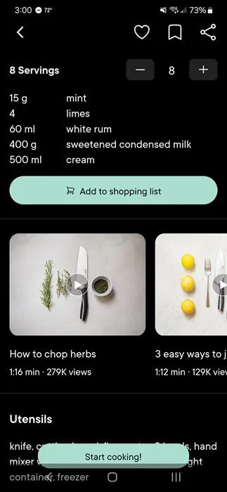Aplikacja Kitchen Stories pokazująca instrukcje wideo w przepisie.