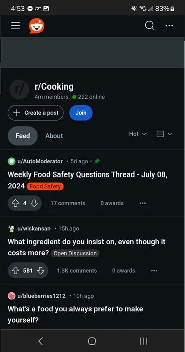 Exploration du subreddit Cuisine sur l'application Reddit.