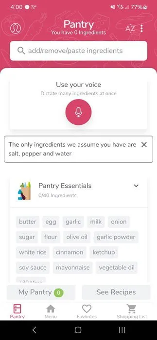 Elegir ingredientes en la aplicación SuperCook.
