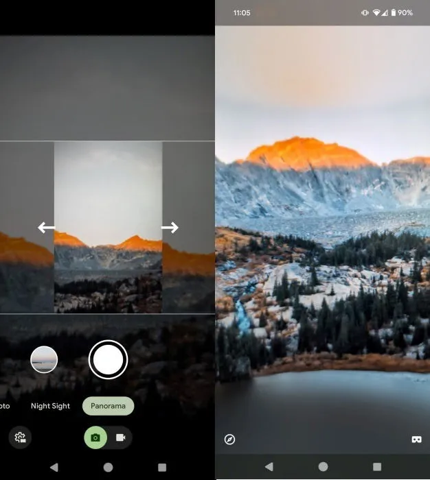 Interfaccia dell'app fotocamera nativa di Google che mostra la funzione Panorama.