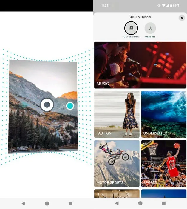 Android 上の Panorama 360 アプリ インターフェースの概要。