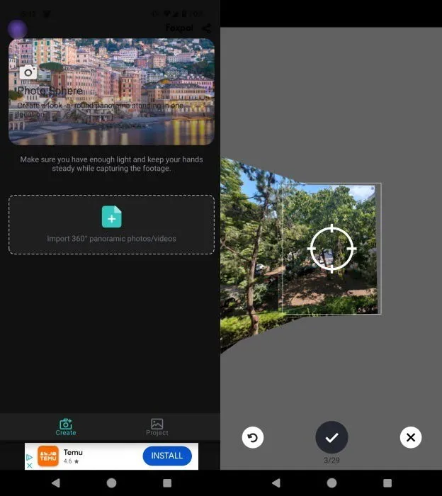 Overzicht van de interface van de 360 ​​Photo Sphere Camera-app op Android.