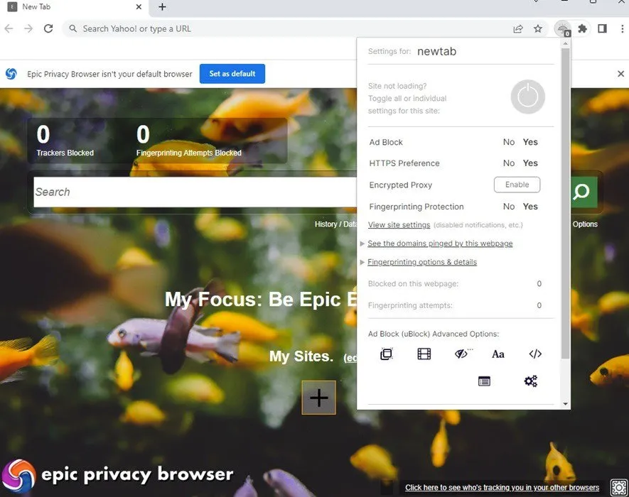 Epic Privacy Browser mit geöffneten Datenschutzoptionen.