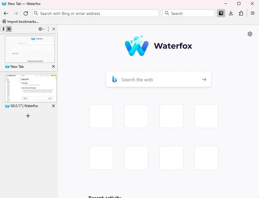 Startpagina van de Waterfox-browser.