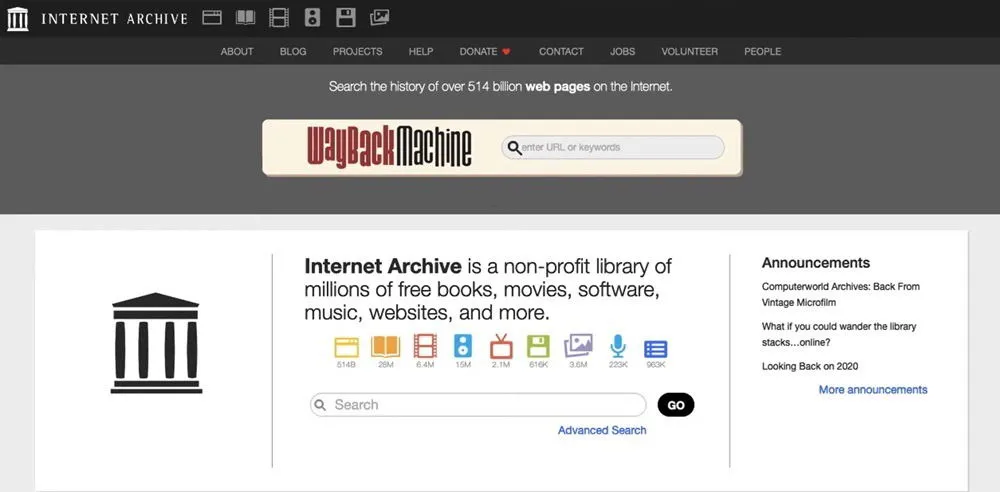 Internet Archive homepage met categorieën en wayback machine.