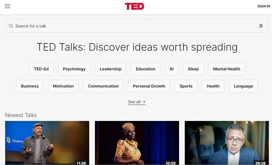 Schauen Sie sich neue Vorträge auf TED an.