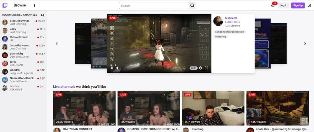 Homepage di Twitch con diversi streaming live di gaming in corso.