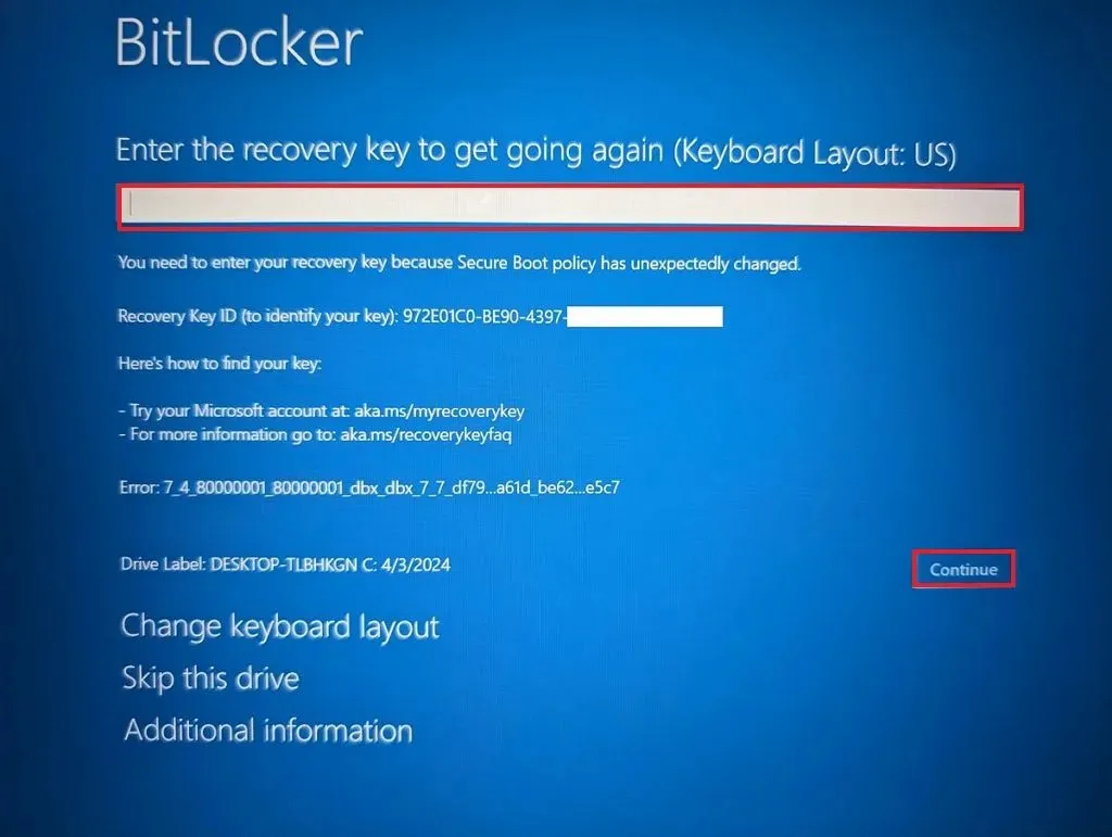 Schermata blu di ripristino di BitLocker
