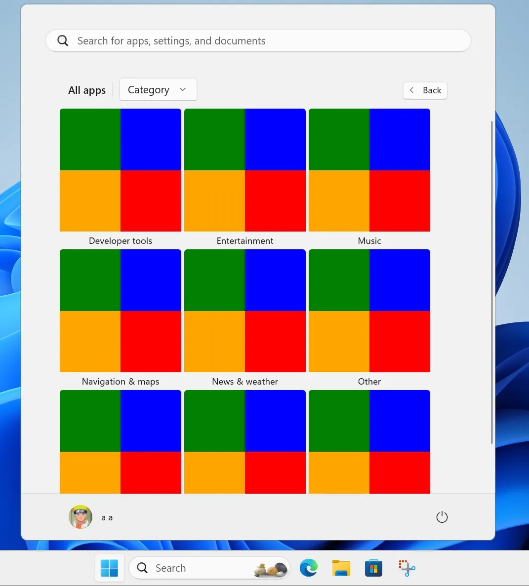 시작 메뉴 Windows 11의 모든 앱 섹션에 있는 카테고리 옵션