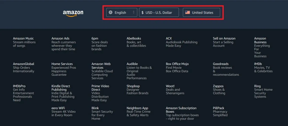 PC에서는 Amazon 홈페이지 하단에서 언어 옵션을 이용할 수 있습니다.